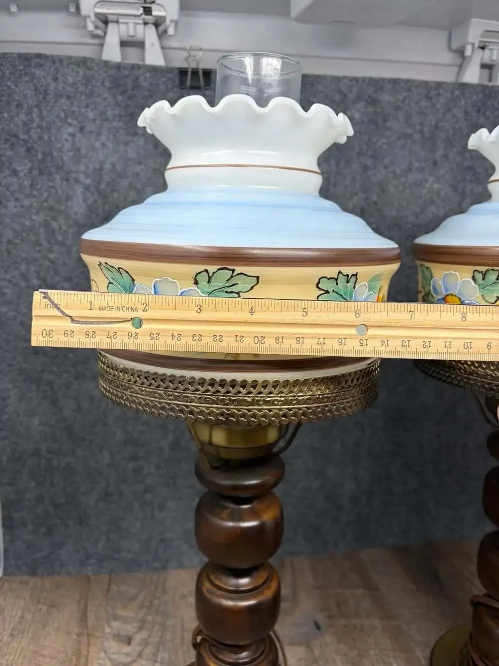 VTG MCM Hand Painted Floral Glass Hurricane GWTW  Table Lamps Turned wood base